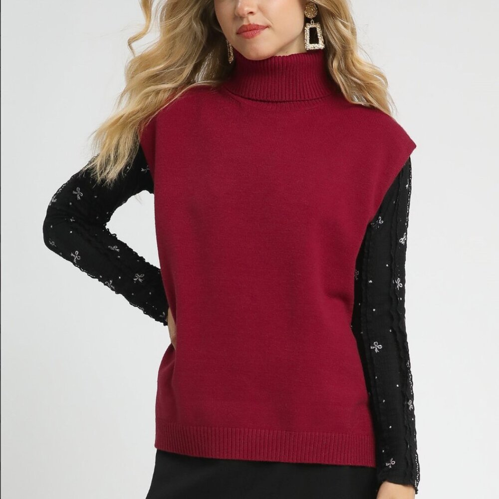 Umgee High-Low Turtleneck Sleeveless Sweater Top
